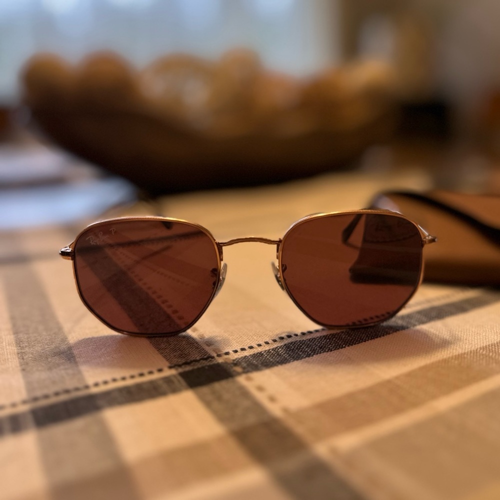 Ray Ban Hexagonal Flat Lenses Sunglasses Rose Gold with Violet Polarized Lenses